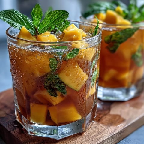 Mango Peach Iced Tea with Mint, a vibrant summer drink, served over ice with fresh mint sprigs.