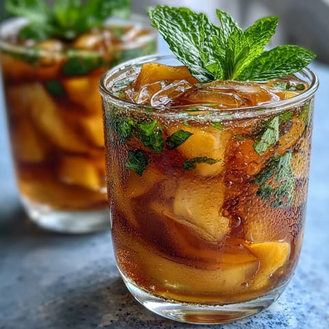 Refreshing Mango Peach Iced Tea with Mint, perfect for warm days, features juicy fruit and cooling herbs.