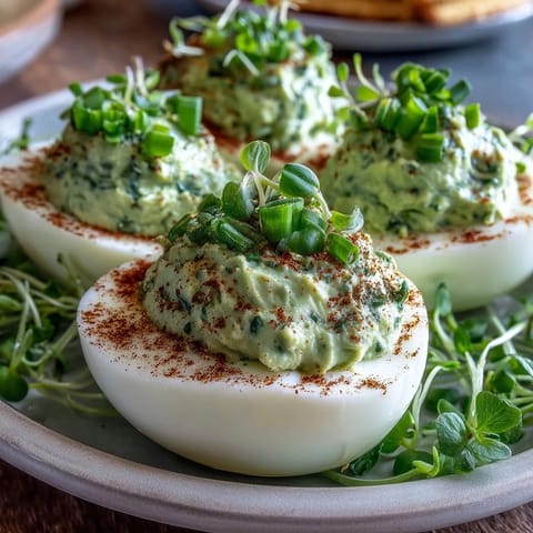 Fresh green avocado deviled eggs, garnished with chives and dill, perfect for spring parties and healthy snacking.