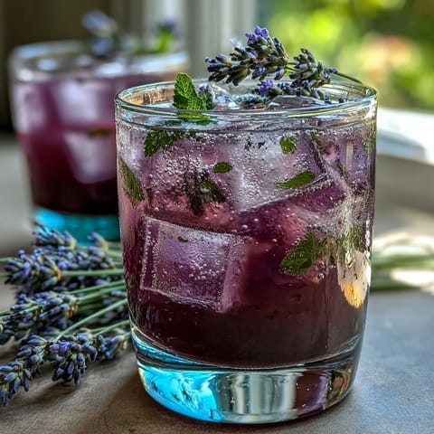Iced lavender lemonade with fresh mint, a fragrant and refreshing spring drink, served in a chilled glass with a sprig of mint and lemon slice.
