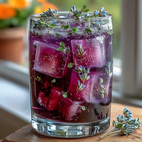A tall glass of lavender lemonade with fresh mint, ice cubes, and a lemon wedge, perfect for warm weather sipping.