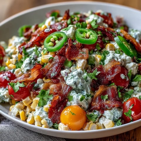 Creamy Corn Salad with Jalapeño in a white bowl, topped with fresh cilantro, vibrant colors, and a tangy dressing.