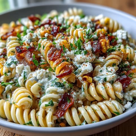 A colorful pasta salad with charred corn, Cotija cheese, and zesty lime dressing, inspired by Mexican street corn flavors.