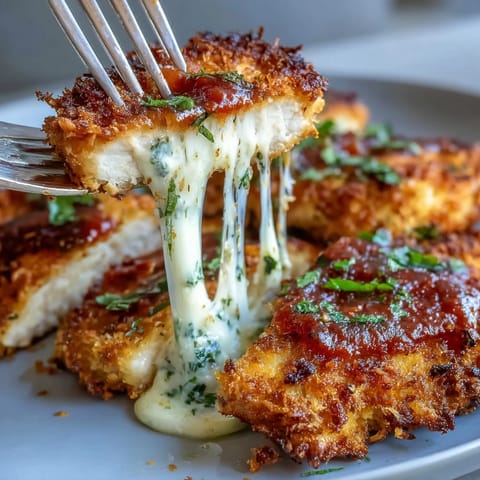 Crispy air fryer chicken parmesan with golden breading, marinara sauce, and melted mozzarella, served hot for a quick Italian-American dinner.  