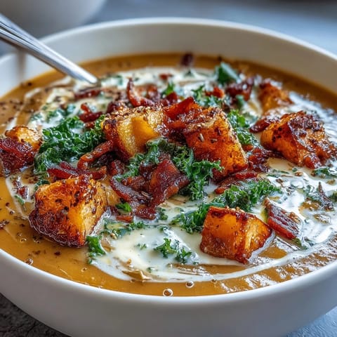 Rich sweet potato chowder simmered with smoky pancetta, kale, and warming spices for cozy comfort.