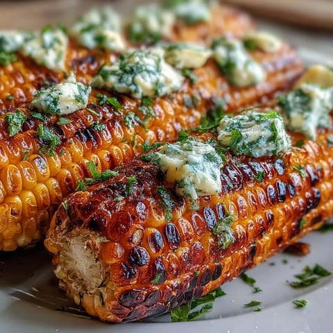 Memorial Day grilled corn with herbed butter, golden and lightly charred, served with four flavorful herb-infused butter options.  
