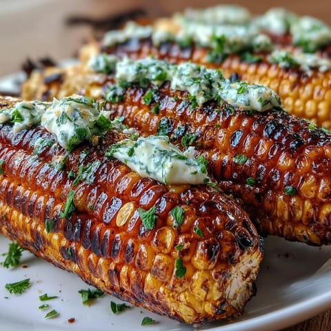 Festive platter of grilled sweet corn on the cob, each cob topped with a choice of herbed butter—parsley-chive, basil-lemon, cilantro-lime, or Parmesan-paprika.  