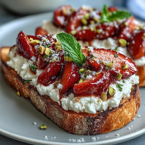 A slice of rustic sourdough toast topped with creamy ricotta, fresh strawberry slices, honey drizzle, and crunchy pistachios for a vibrant breakfast.