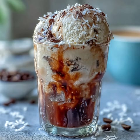 Creamy coconut cold brew float topped with vanilla bean ice cream and toasted coconut flakes.  