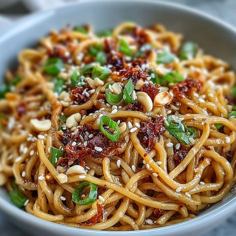 Spicy Chili Crisp Noodles in a bowl, garnished with scallions and peanuts, served steaming hot with a savory sauce.