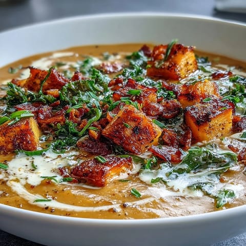 Creamy smoky sweet potato chowder with crispy pancetta and tender kale in a hearty bowl.