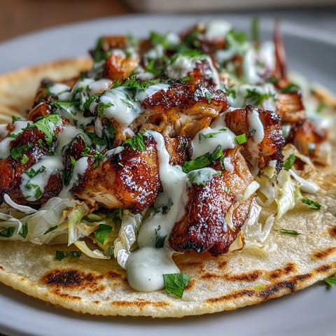 Roasted chicken cabbage tacos with shredded chicken, vibrant cabbage slaw, and zesty lemon crema in warm tortillas.  