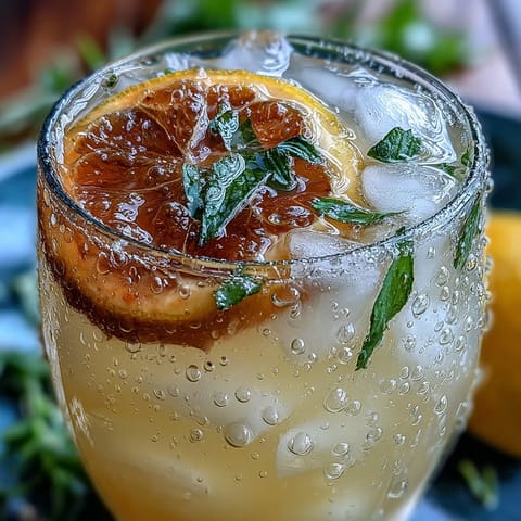 Vibrant ginger prebiotic lemonade in a glass pitcher with fresh lemon slices and mint garnish, perfect for a refreshing summer drink.  