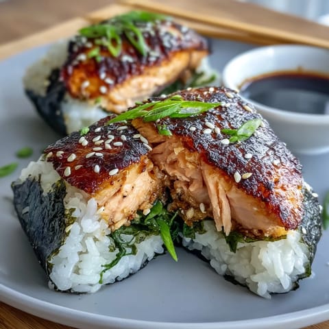 Grilled salmon onigiri filled with savory, flaky salmon and crisped to perfection for a delicious Japanese snack.  