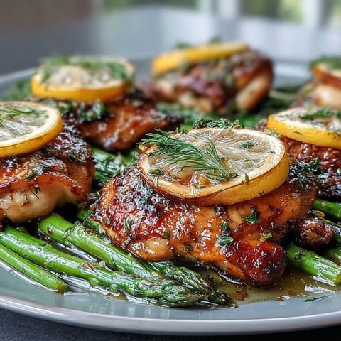 One-Pan Lemon Herb Chicken and Asparagus featuring tender chicken and bright, roasted green spears.