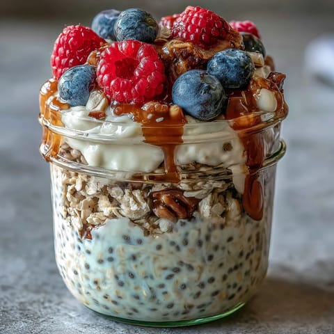 Vibrant berries top creamy overnight oats with chia and flax.