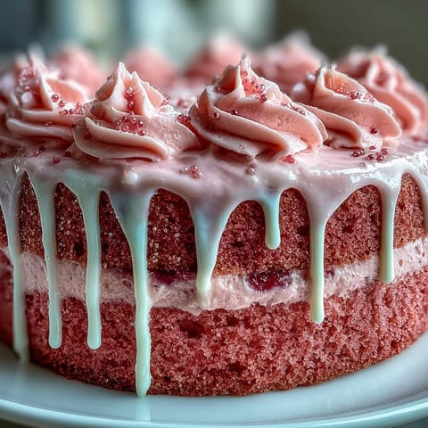 Blush pink Bridal Shower Rosé Velvet Cake with elegant gold drip.