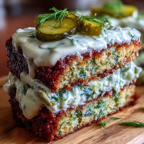 Savory Pickle Cake with tangy dill cream frosting, a unique appetizer.