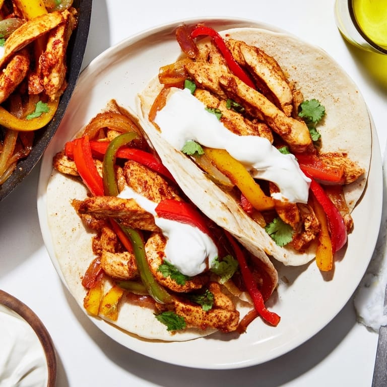 Juicy Chicken Fajitas Recipe: Golden-brown chicken, soft peppers, and creamy lime sauce.