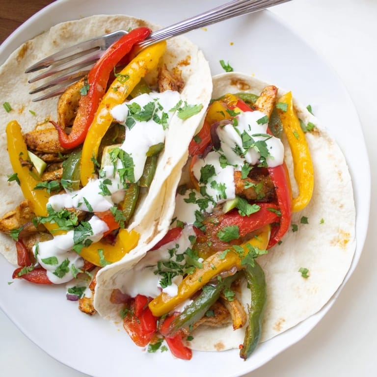 Close-up of vibrant Chicken Fajitas with Lime Crema ready to be served hot.