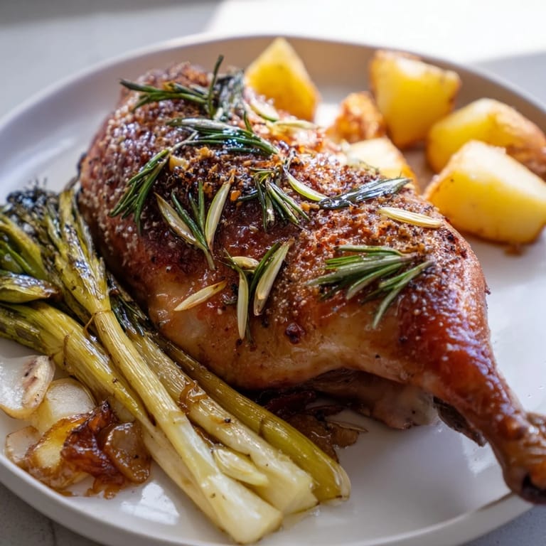 A close-up of a perfectly roasted chicken, showing its juicy meat seasoned perfectly with rosemary.