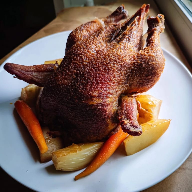 Enjoy a delicious roast chicken with rosemary and garlic, served on a platter with roasted vegetables.