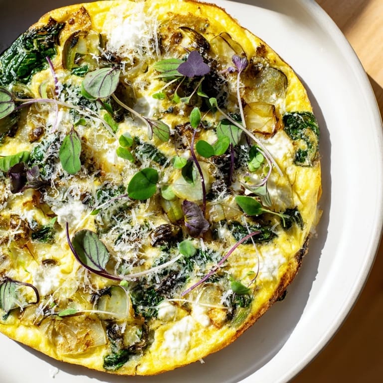 This gorgeous Meadow-Soft Cozy Plate: Frittata features a fluffy egg base filled with fresh spring vegetables.