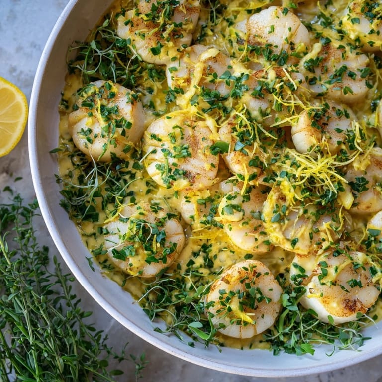 Perfectly cooked Harbor-Style Seared Scallops, savory, paired with herbal butter, anticipating a seaside treat.