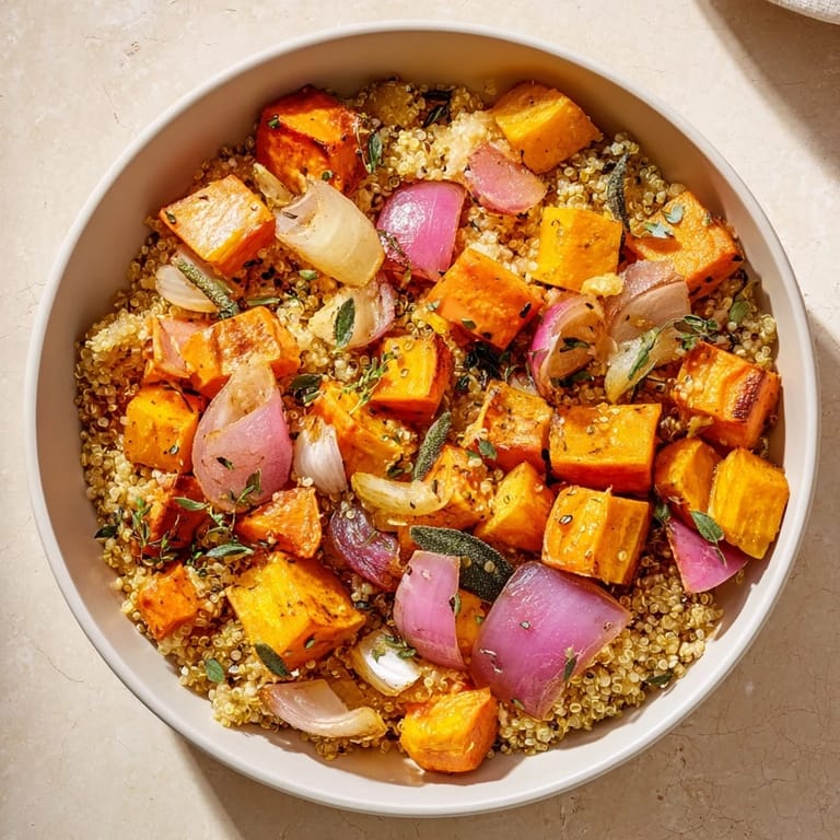 Savory warm herb bowl with fluffy grains, colorful roasted root veggies, and fresh greens.