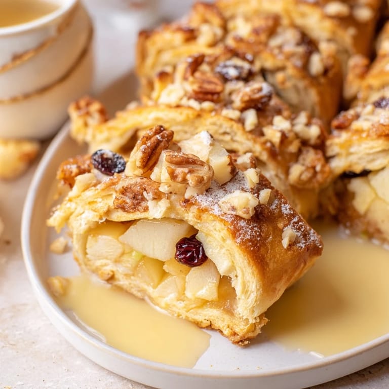 Warm, comforting Apple Strudel with a drizzle of vanilla sauce, ideal for a cozy dessert gathering.