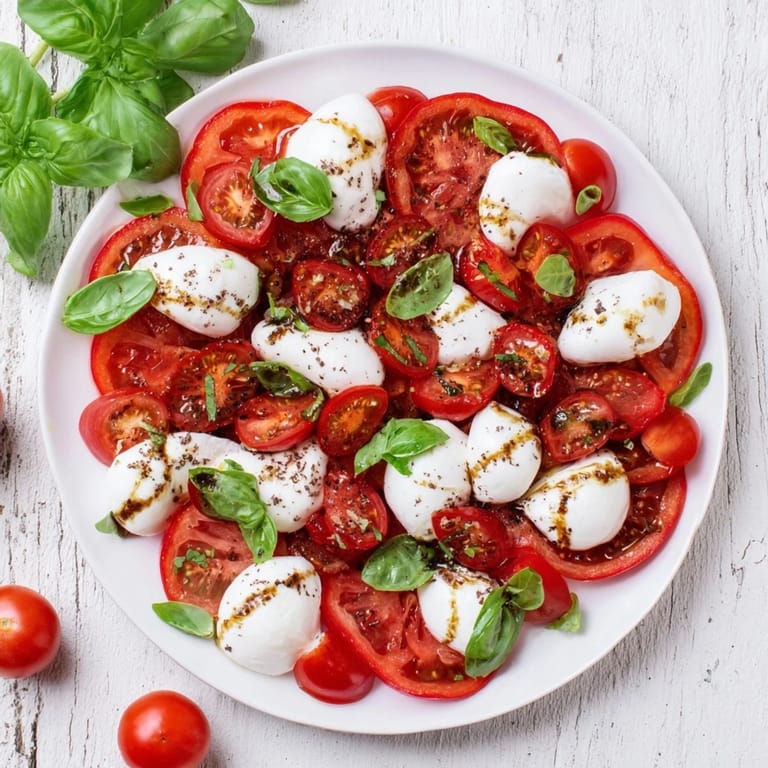 A bright Caprese salad featuring fresh mozzarella, juicy tomatoes, and vibrant basil vinaigrette, ready to serve.