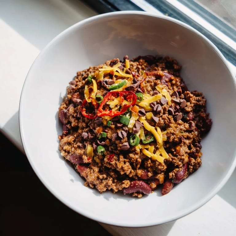 One-Pot Cozy Chocolate Chili, a rustic, comforting American classic, simmered and ready to serve.