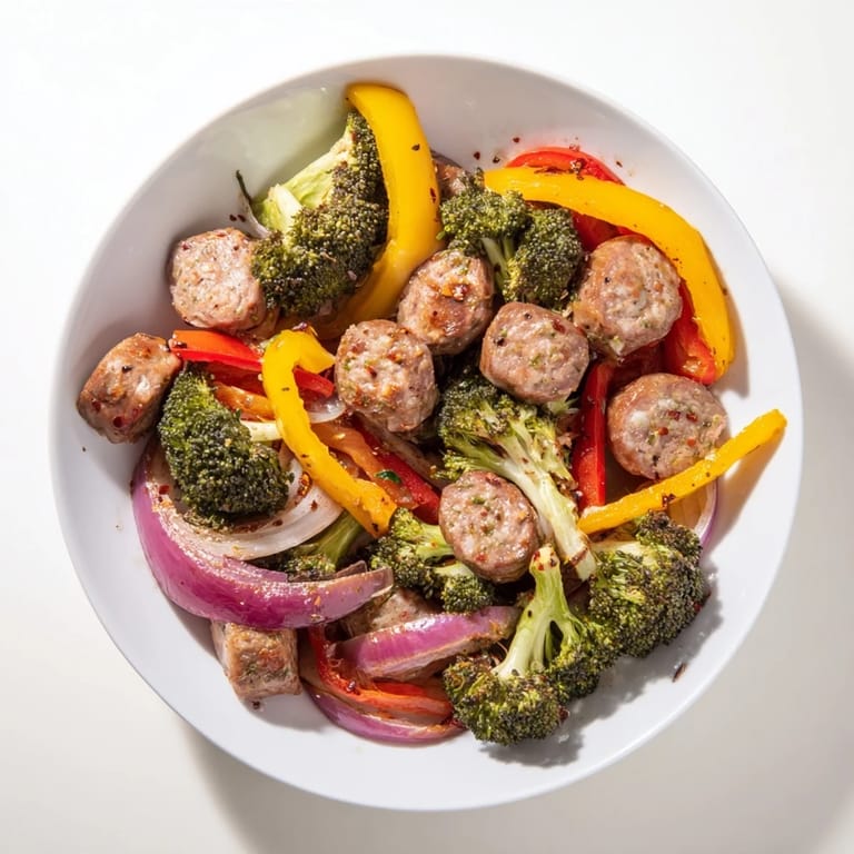 Picture a sheet pan filled with perfectly roasted Simple Rustic Sheet-Pan Sausage, Broccoli, and Bell Peppers ready to serve.