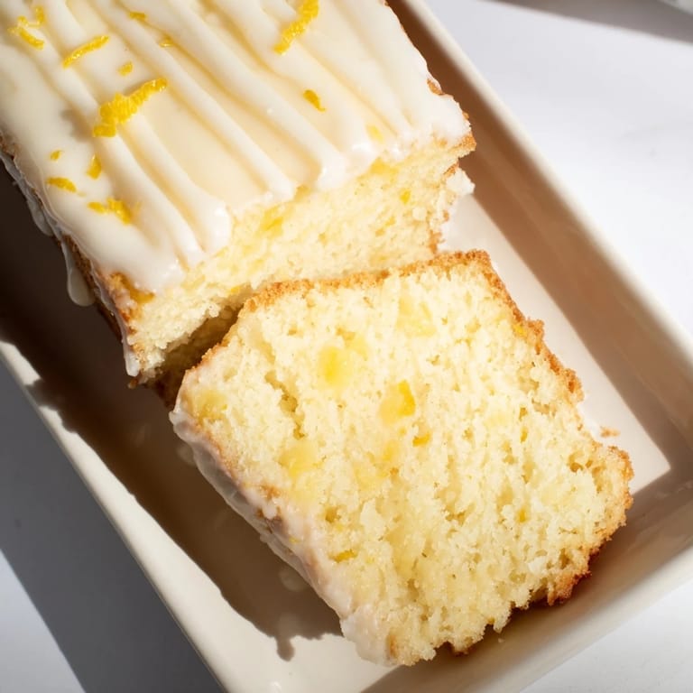 Fluffy slices of homemade lemon loaf cake, still slightly warm, look utterly delicious.