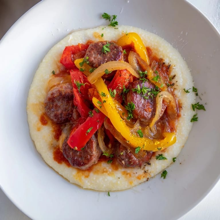 Close-up of a flavorful Herb-Cozy Skillet Sausage and Peppers dish with vibrant bell peppers and rich sauce.