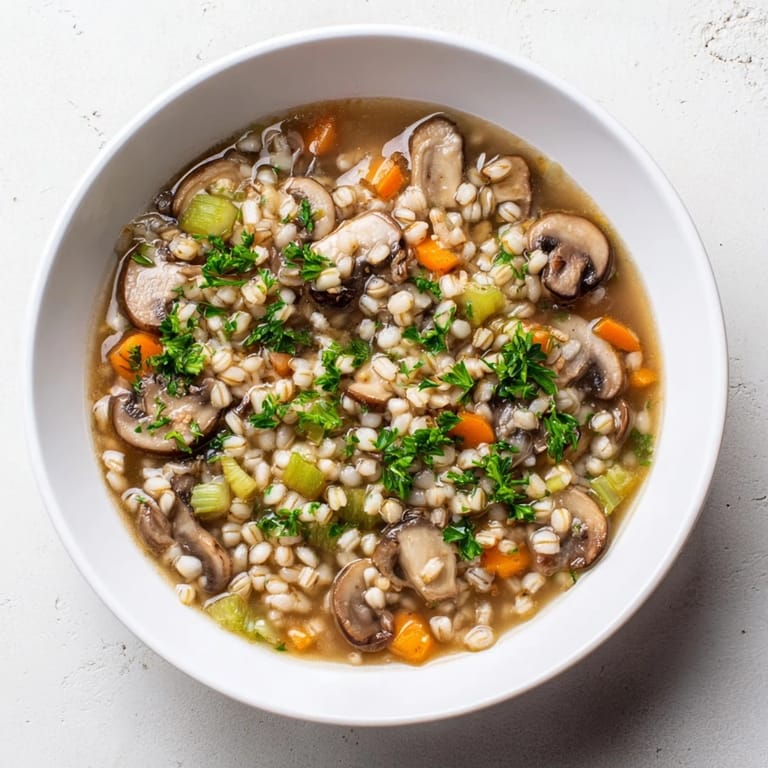 Hearty and flavorful Wild Mushroom and Barley Soup, a rustic and cozy, one-pot meal.
