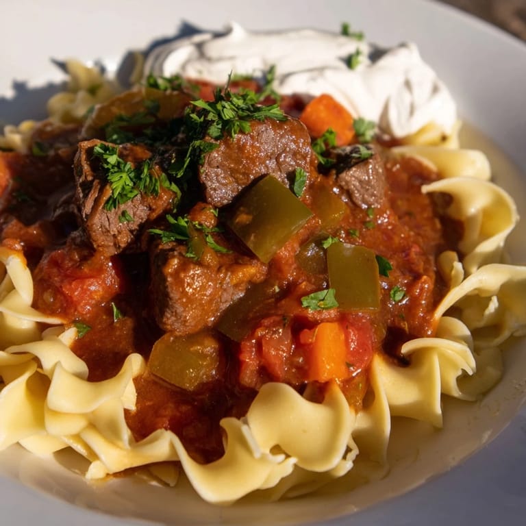 Close-up of savory Hungarian Goulash simmering in rich broth, perfect comfort food, ready to serve.