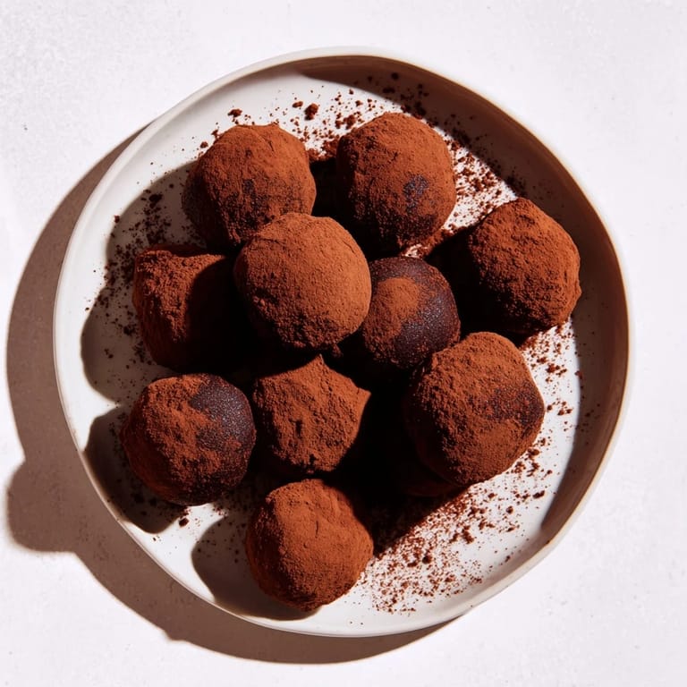 Silky dark chocolate truffles, perfect for gifting, photographed with a dusting of cocoa, ready to serve.