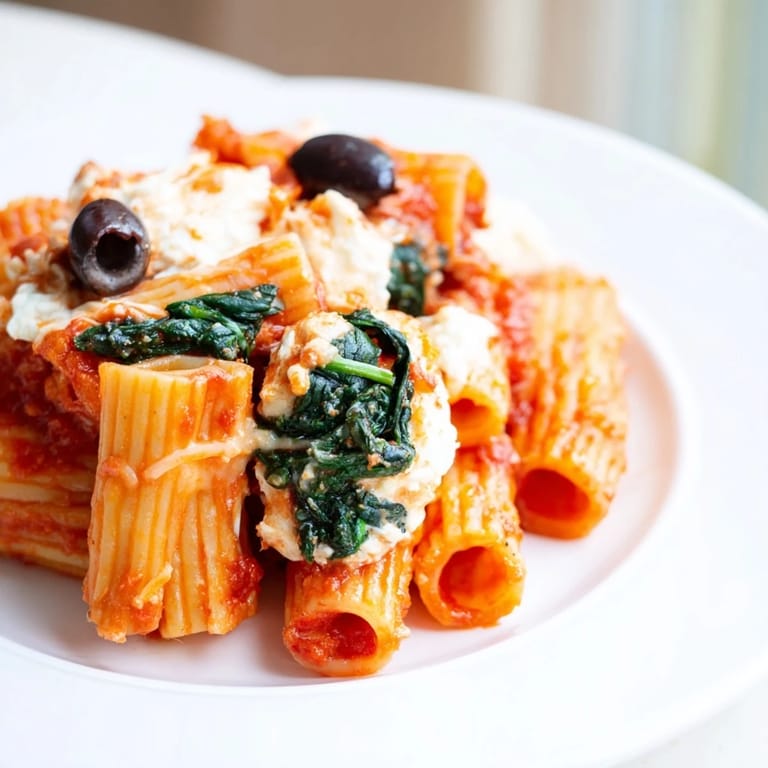 Creamy ricotta and spinach baked within the Olive-Warm Baked Ziti, showcasing a comforting Italian recipe.