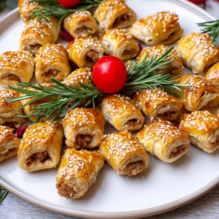 Warm, freshly baked savory bites: Mini sausage roll Christmas tree, showcasing a festive arrangement with rosemary.
