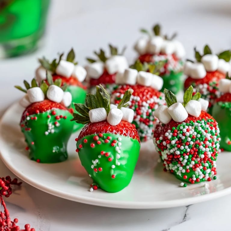 Dazzling green-tipped Elf Hat Chocolate Dipped Strawberries, showcasing the white chocolate pom-poms on each one.