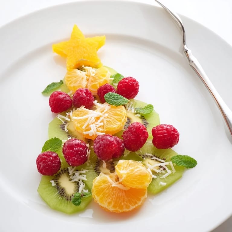 Fresh kiwi and raspberry arrangement transforms into a visually stunning Christmas tree fruit plate, ready to serve and enjoy.