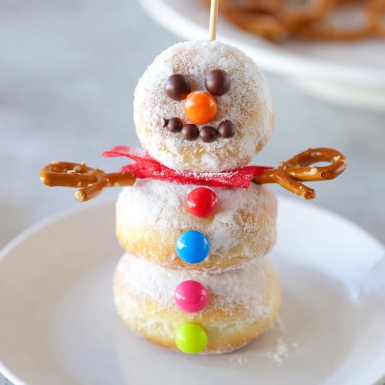 Close-up of adorable Mini Donut Snowman treats, perfect for winter snack time, delicious and easy to make.
