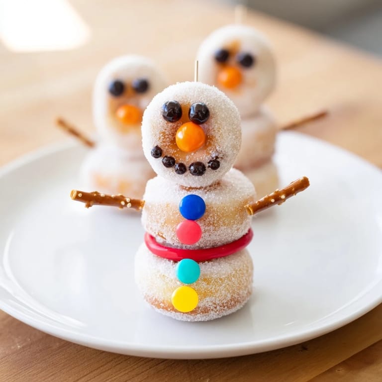 Stack up and enjoy these sweet, no-bake Mini Donut Snowman desserts, a colorful, kid-friendly snack option.
