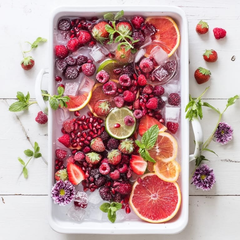 Bright red strawberries and pomegranate seeds star in this inviting Bubbly Bar Garnish Platter display.