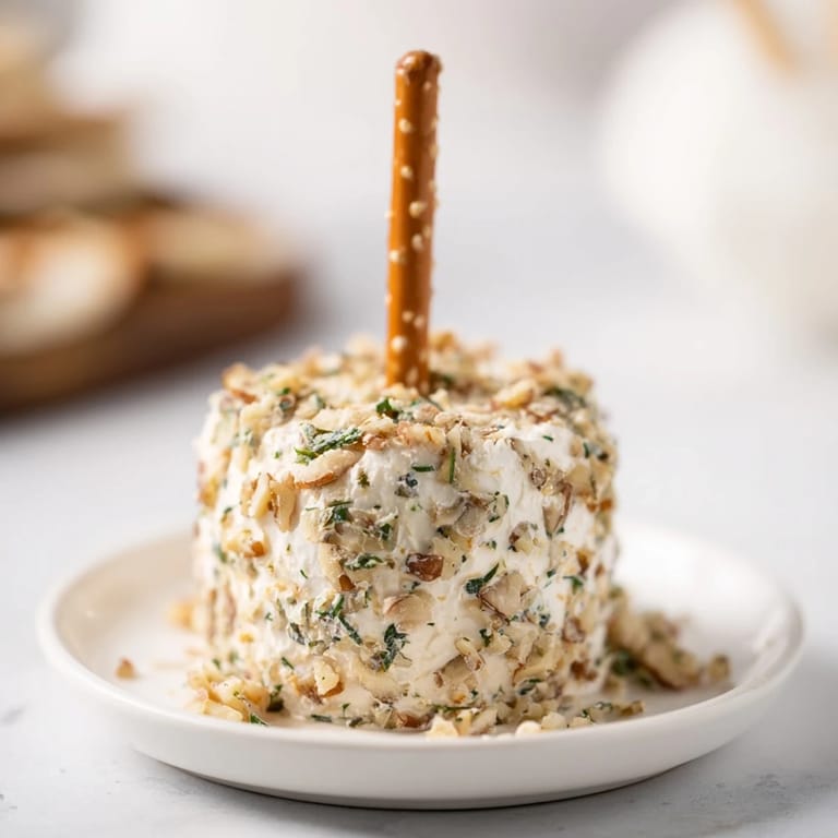 Creamy Champagne Cork Cheese Balls shaped like corks sit ready, next to their pretzel stick "stems".
