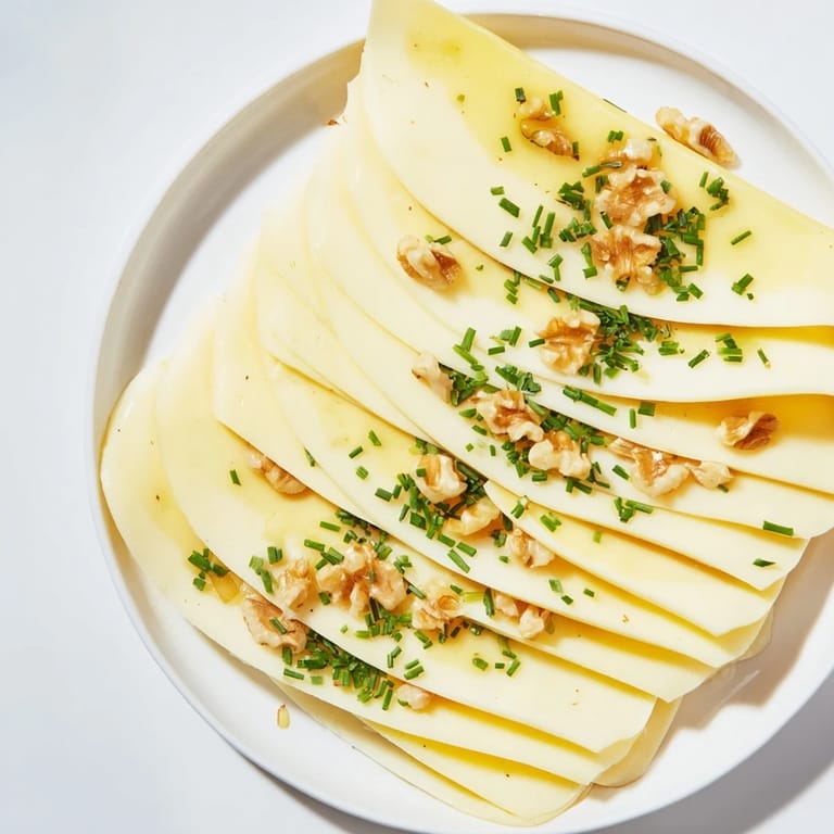 Thinly sliced Swiss cheese layered with fresh herbs, a quick and delicious snack option.