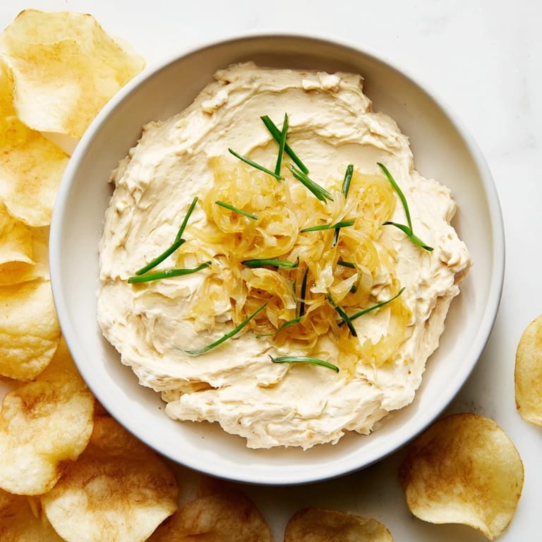 Golden potato chips arranged around a bowl of homemade onion dip, perfect party food.
