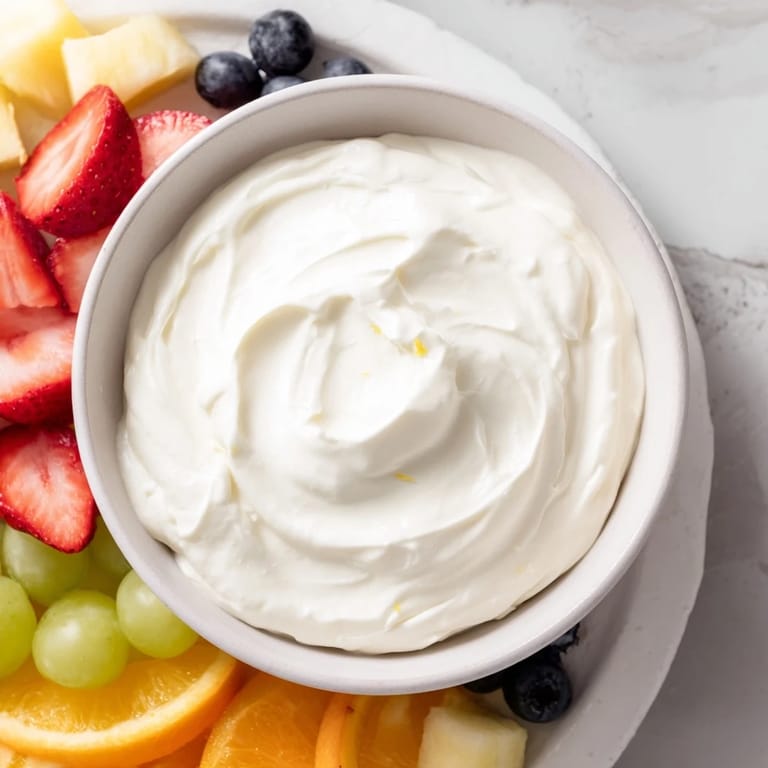 Sweetened cream cheese fruit dip recipe featuring a central bowl surrounded by delicious berries.