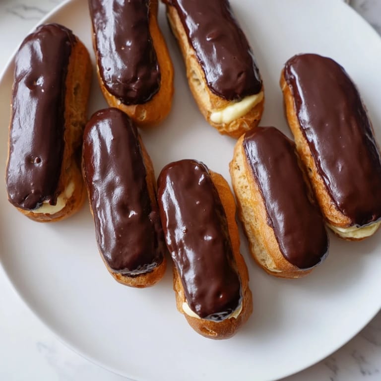Golden-brown mini chocolate éclairs, bite-sized delights, freshly glazed and ready to eat.
